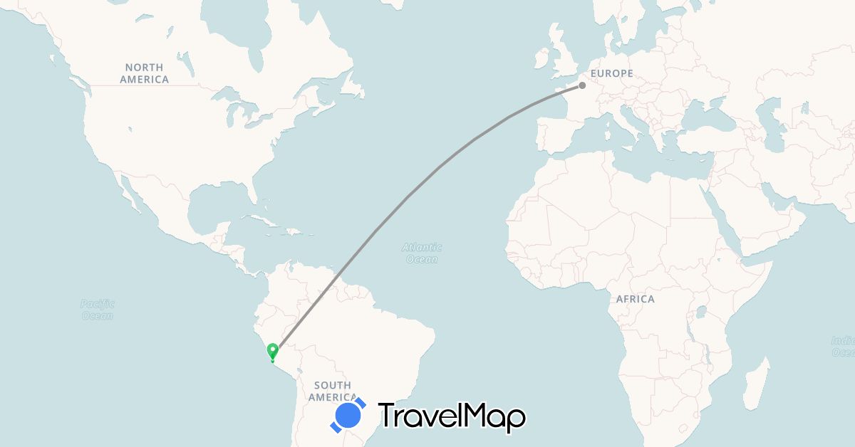 TravelMap itinerary: driving, bus, plane in France, Peru (Europe, South America)